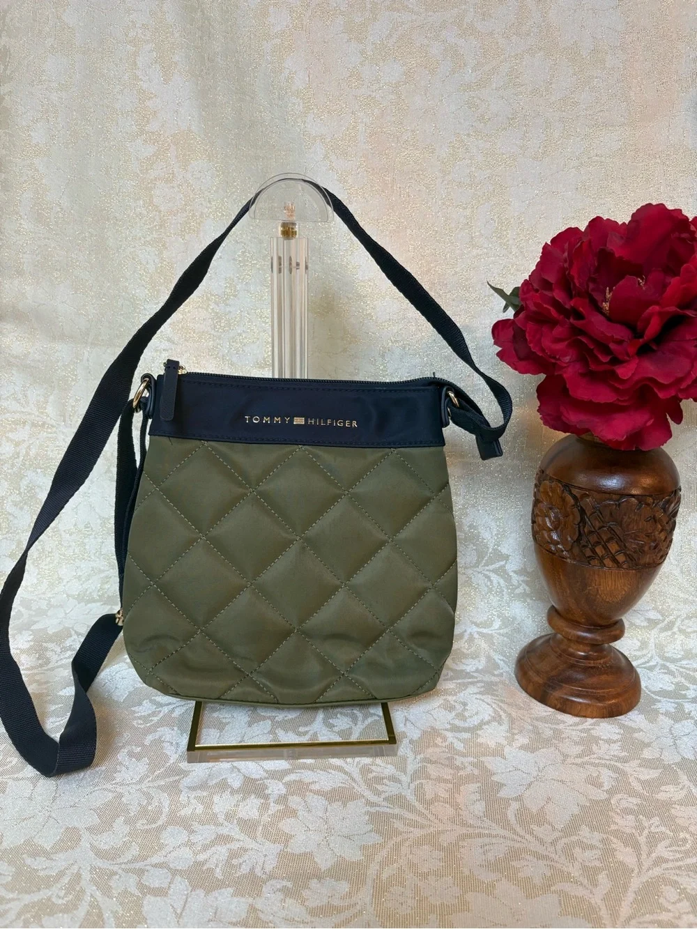 Tommy Hilfiger Olive and Navy Quilted Crossbody Bag
